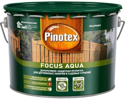 Pinotex Focus Aqua / Пинотекс Фокус Аква защитная пропитка для деревянных заборов и садовых строений 5 л