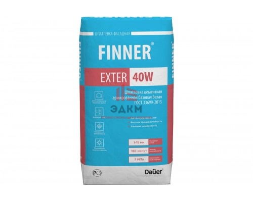 Цементная армированная базовая шпатлевка Dauer Finner Exter 40W белая, 25 кг Цементная армированная базовая шпатлевка Dauer Finner Exter 40W белая, 25 кг