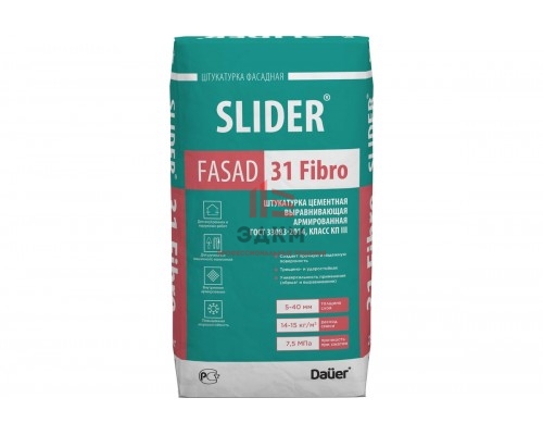 Цементная выравнивающая армированная штукатурка Dauer Slider Fasad 31 Fibro 25 кг Цементная выравнивающая армированная штукатурка Dauer Slider Fasad 31 Fibro 25 кг